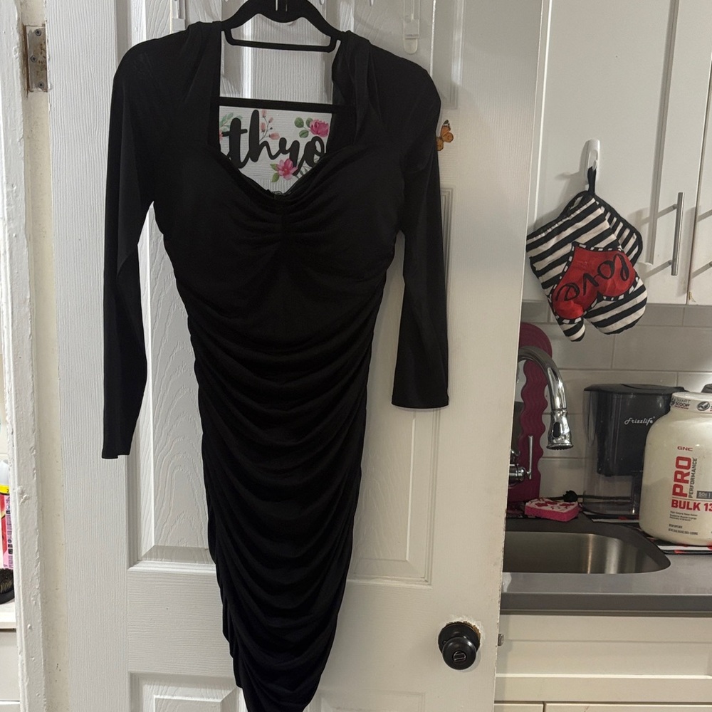 Express Black Long Sleeve Ruched Dress
